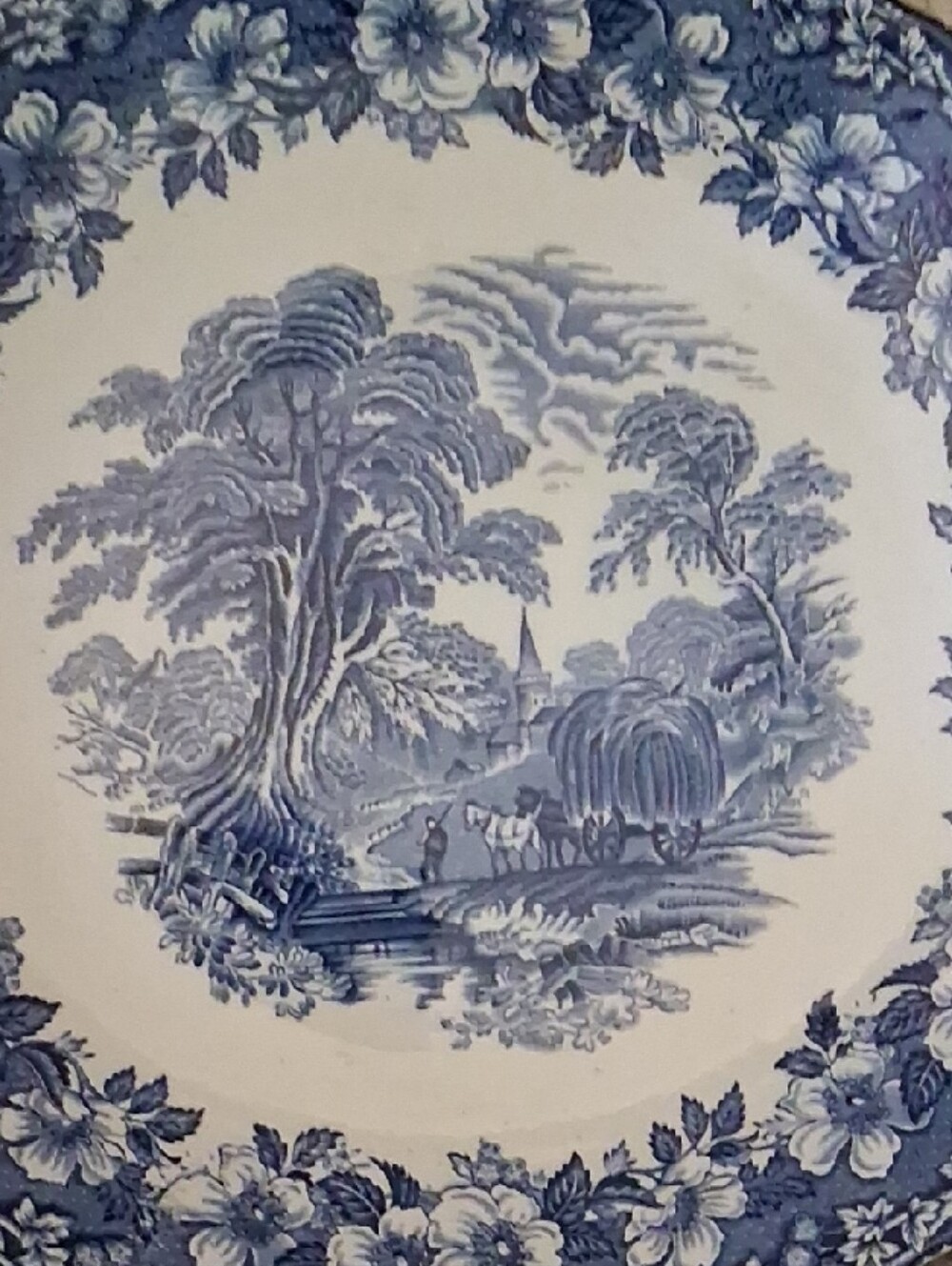 Blue and White Floral Transferware Decorative Dinner Plate - Brand: